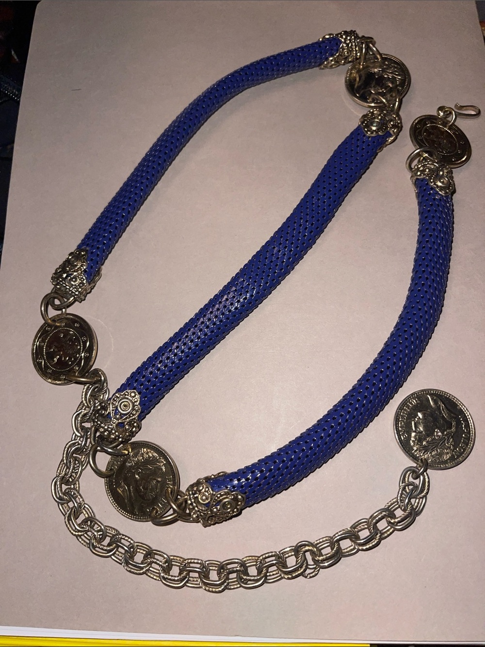 It that a snake? No! Blue Coin Charm mesh belt with Gold hardware and Accents